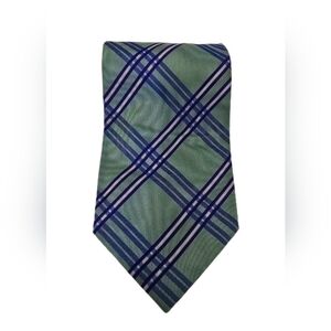 BACHRACH Madras Silk Neck Tie‎ Green Blue Plaid Sleek Preppy Business Casual